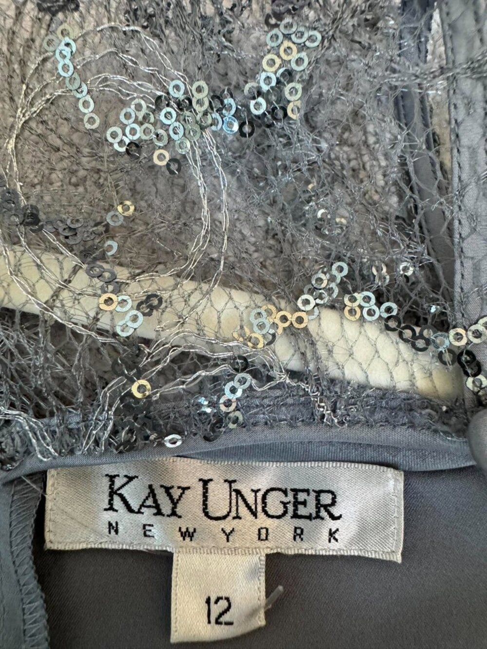 Kay Unger Silver Gray Sequin Lace Cocktail Dress Size 12 Embellished Formal - Picture 8 of 9